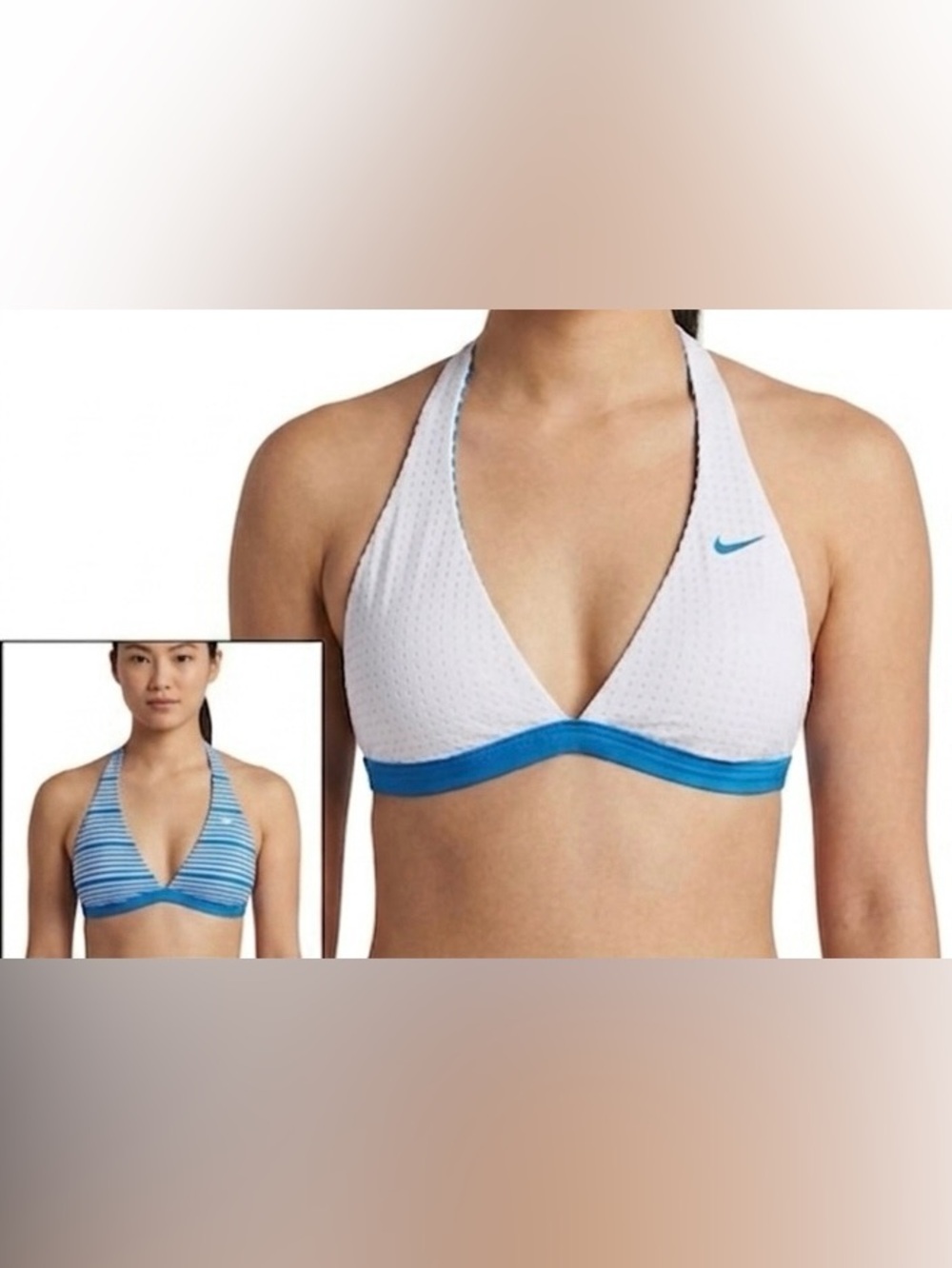 Nike NWT Nessa Reversible White Blue Tie Back Bikini Top